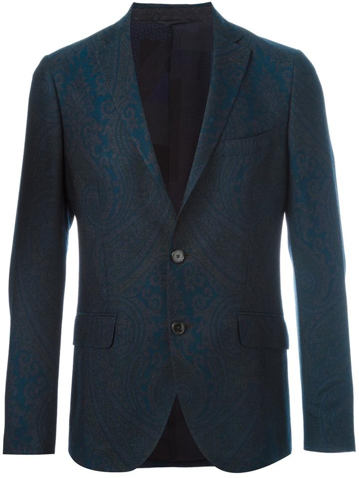 Etro Two Button Blazer, Men's, Size: 50, Blue, Silk/acetate/wool