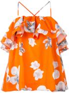 Msgm - Floral Frill Halterneck Blouse - Women - Cotton - 40, Yellow/orange, Cotton
