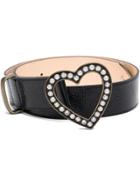Alessandra Rich Black Heart Crystal Embellished Lizard Skin Belt