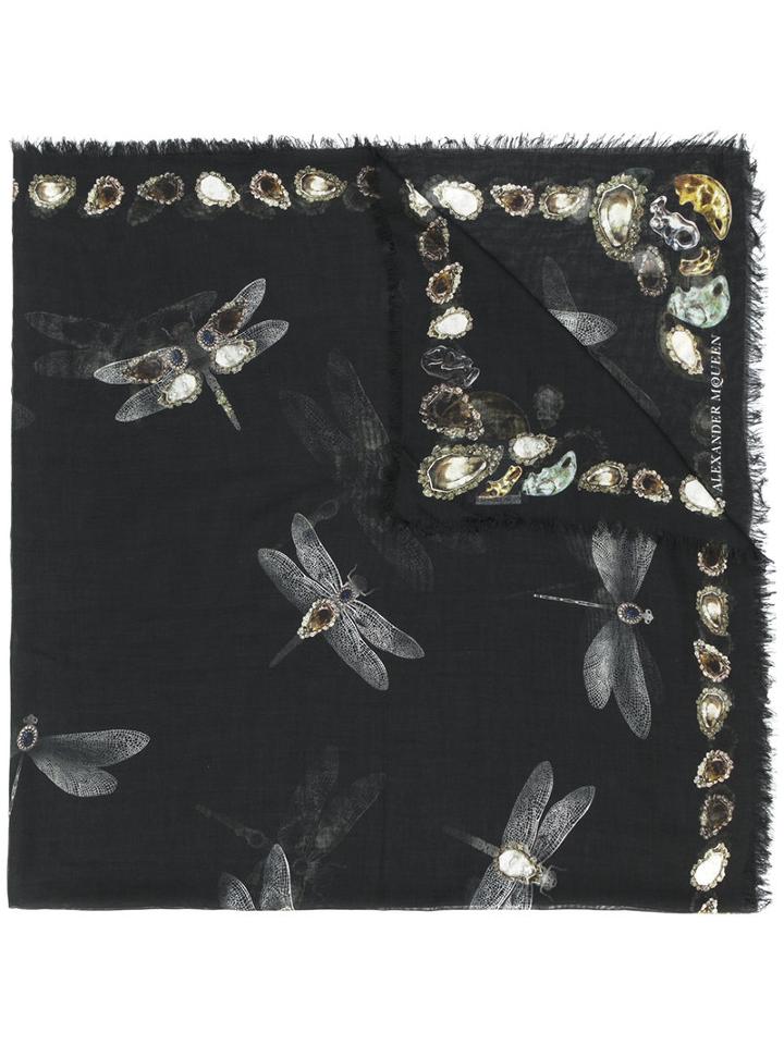 Alexander Mcqueen - Dragonfly Printed Scarf - Women - Silk/modal - One Size, Black, Silk/modal