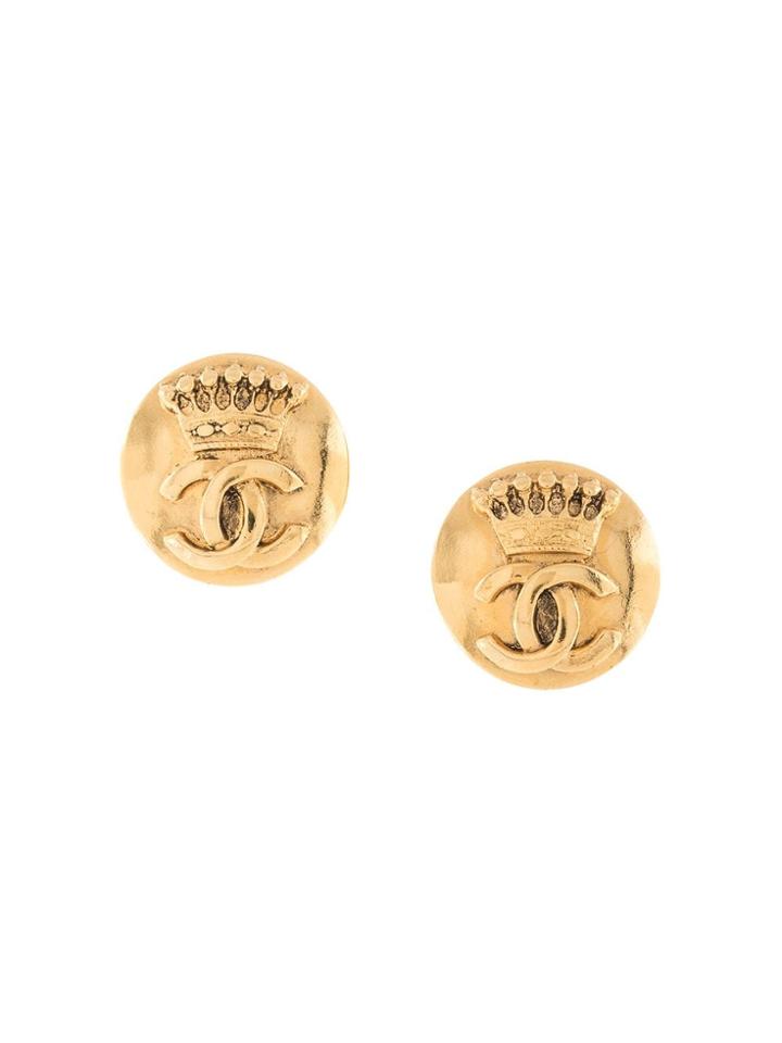 Chanel Pre-owned Crown Logo Button Earrings - Gold