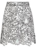 Self-portrait Floral A-line Skirt, Women's, Size: 8, White, Cotton/polyester