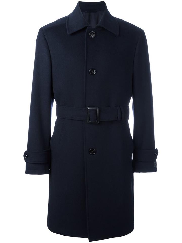 Ermenegildo Zegna Belted Single Breasted Coat, Men's, Size: 52, Blue, Cupro/cashmere