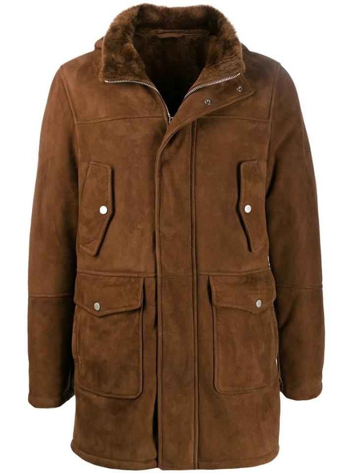 Eleventy Hooded Leather Coat - Brown
