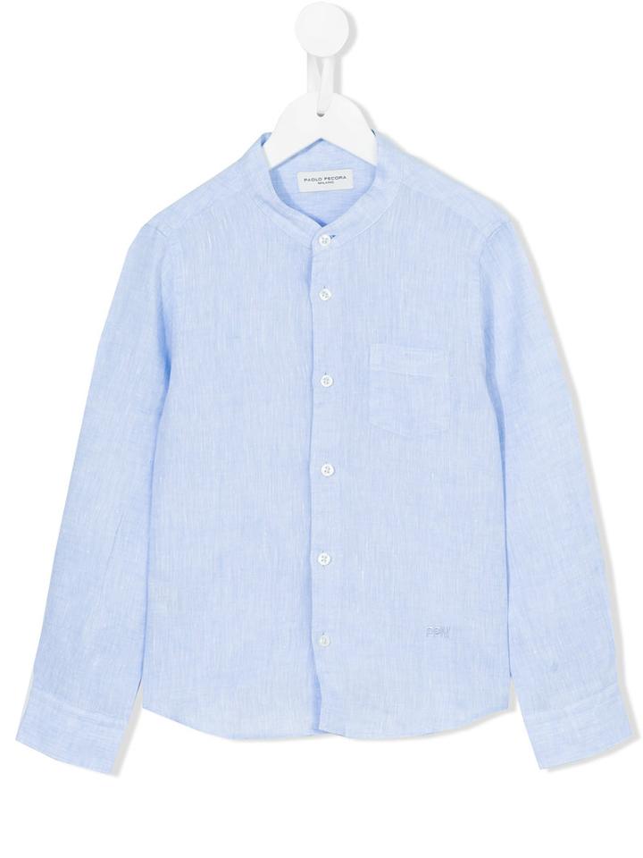 Paolo Pecora Band Collar Shirt, Kids Unisex, Size: 6 Yrs, Blue, Linen/flax