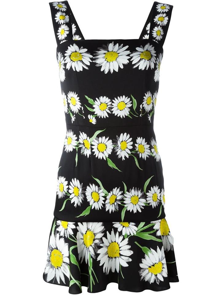 Dolce & Gabbana Daisy Print Dress, Women's, Size: 48, Black, Silk/spandex/elastane