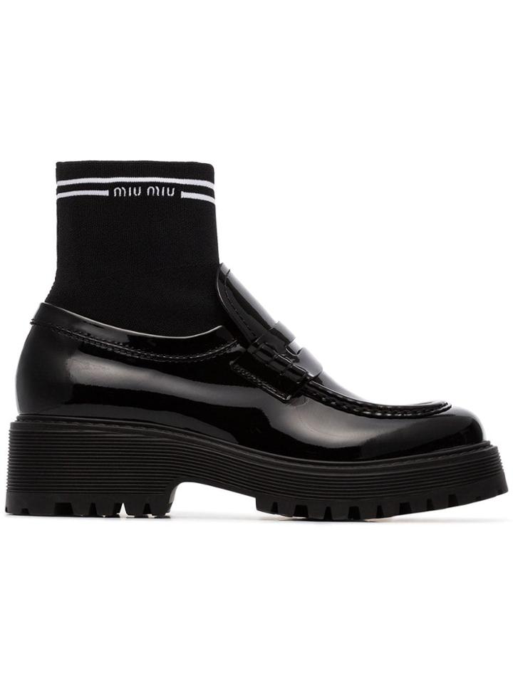 Miu Miu Sock Insert Patent Leather Loafers - Black