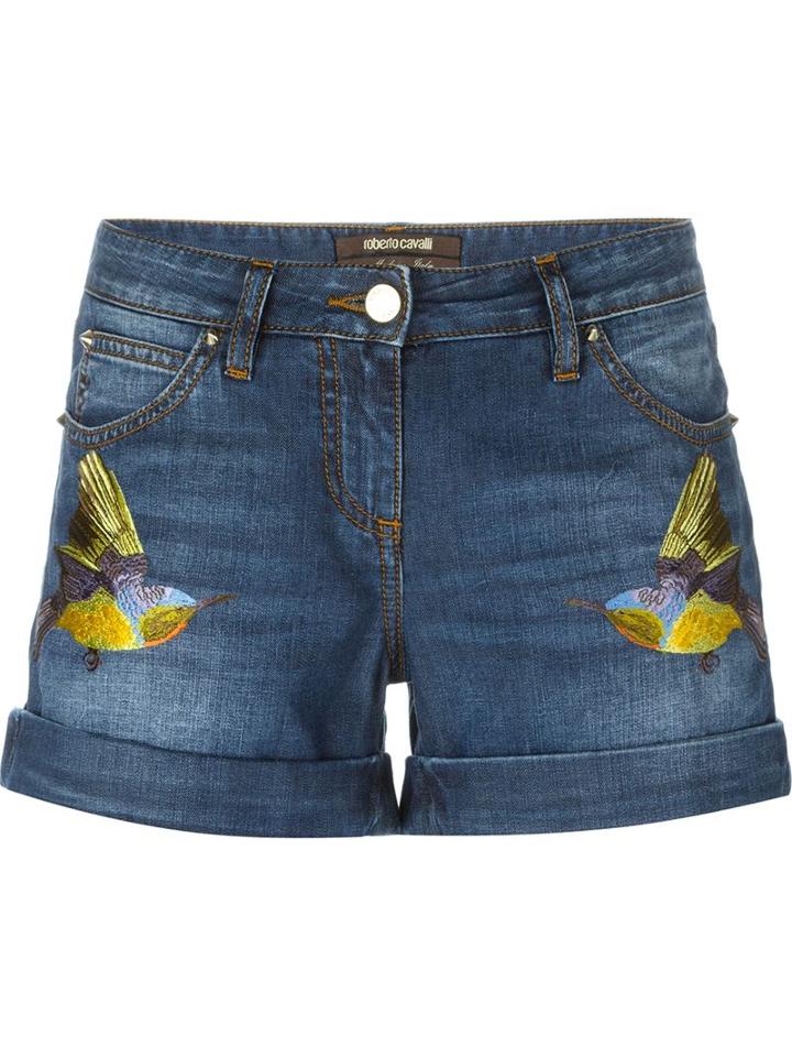 Roberto Cavalli Embroidered Bird Shorts, Women's, Size: 40, Blue, Cotton