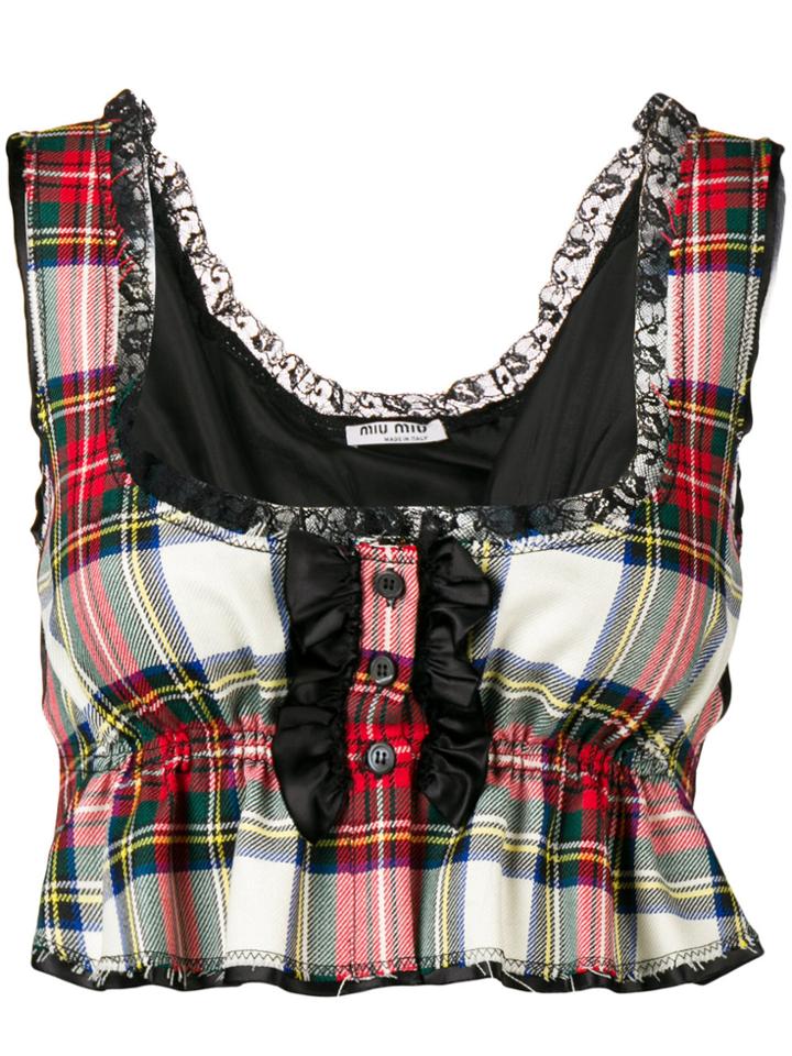 Miu Miu Raw Hem Frilled Plaid Top - Red