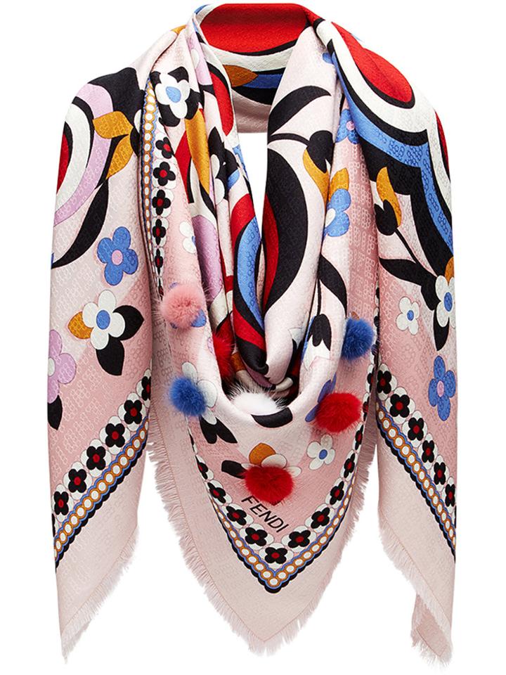 Fendi Pompom-embellished Printed Scarf - Pink & Purple