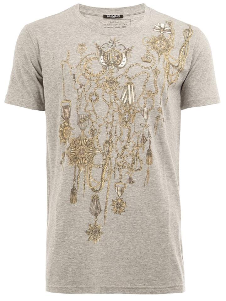 Balmain Medal Print T-shirt, Men's, Size: Small, Grey, Cotton