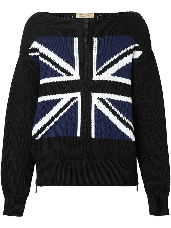 Burberry Zip Detail Union Jack Intarsia Cotton Sweater - Black