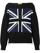 Burberry Zip Detail Union Jack Intarsia Cotton Sweater - Black