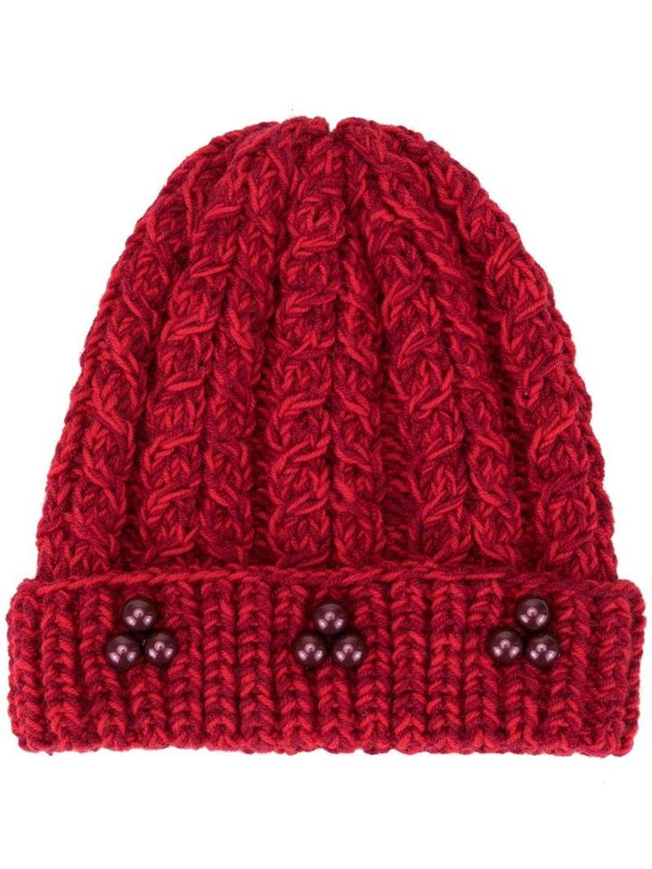 0711 Crystal Bead Knit Beanie - Red
