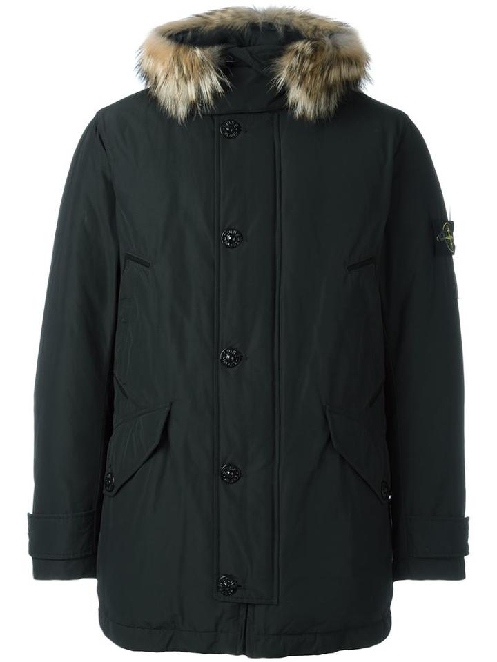 Stone Island Hooded Padded Coat, Men's, Size: Large, Black, Polyester/polyamide/cotton/coyote Fur