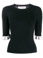 Red Valentino Frill Sleeve Ribbed Top - Black