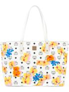 Mcm Logo Printed Floral Embellished Tote - White