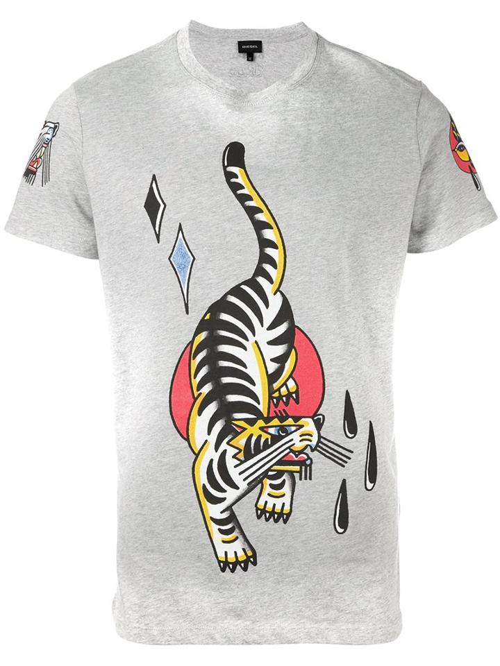 Diesel Tiger Print T-shirt, Men's, Size: Xl, Grey, Cotton