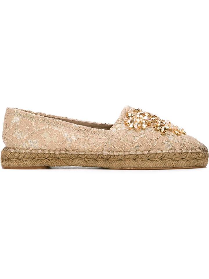 Dolce & Gabbana Embellished Lace Espadrilles, Women's, Size: 39, Nude/neutrals, Nylon/crystal/raffia/leather