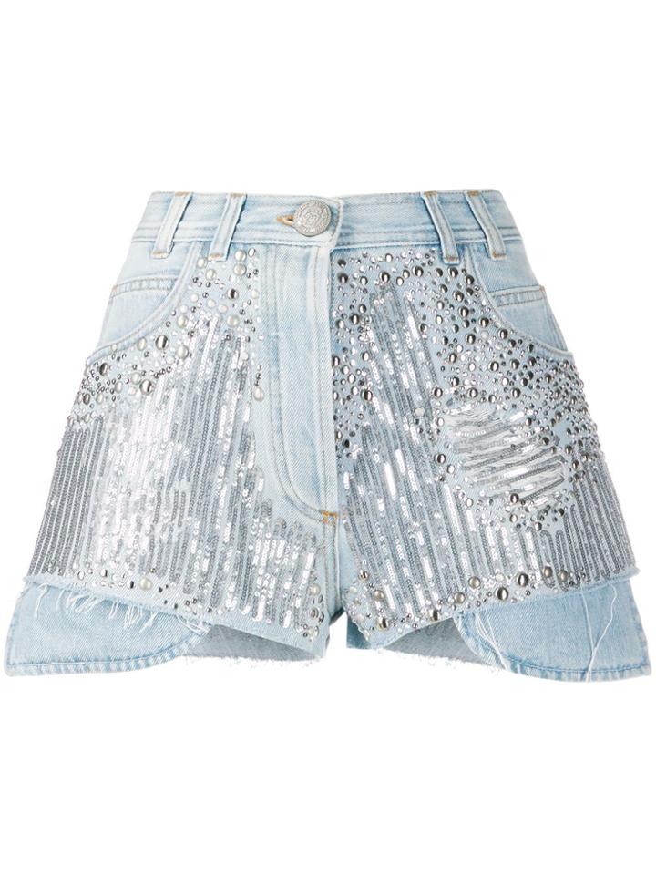 Balmain Embellished Detail Denim Shorts - Blue
