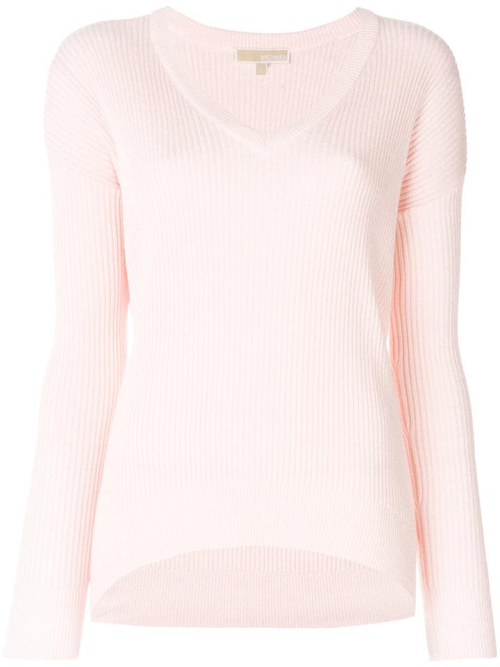 Michael Michael Kors - V-neck Knit Detail Sweater - Women - Nylon/polyester/viscose/cashmere - Xs, Pink/purple, Nylon/polyester/viscose/cashmere