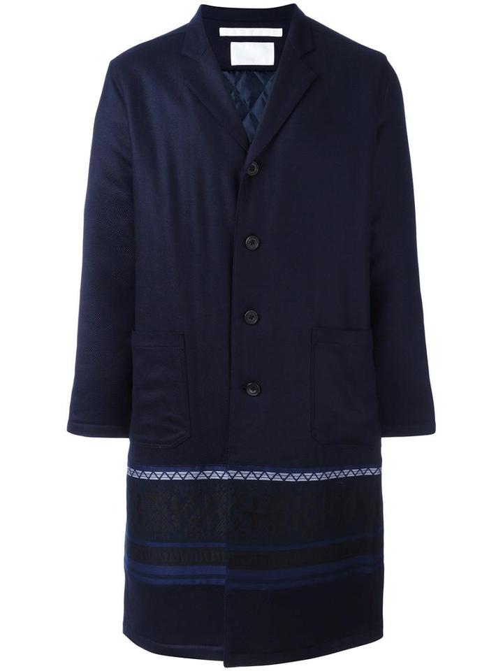 White Mountaineering Single Breasted Coat, Men's, Size: 2, Blue, Polyester/wool