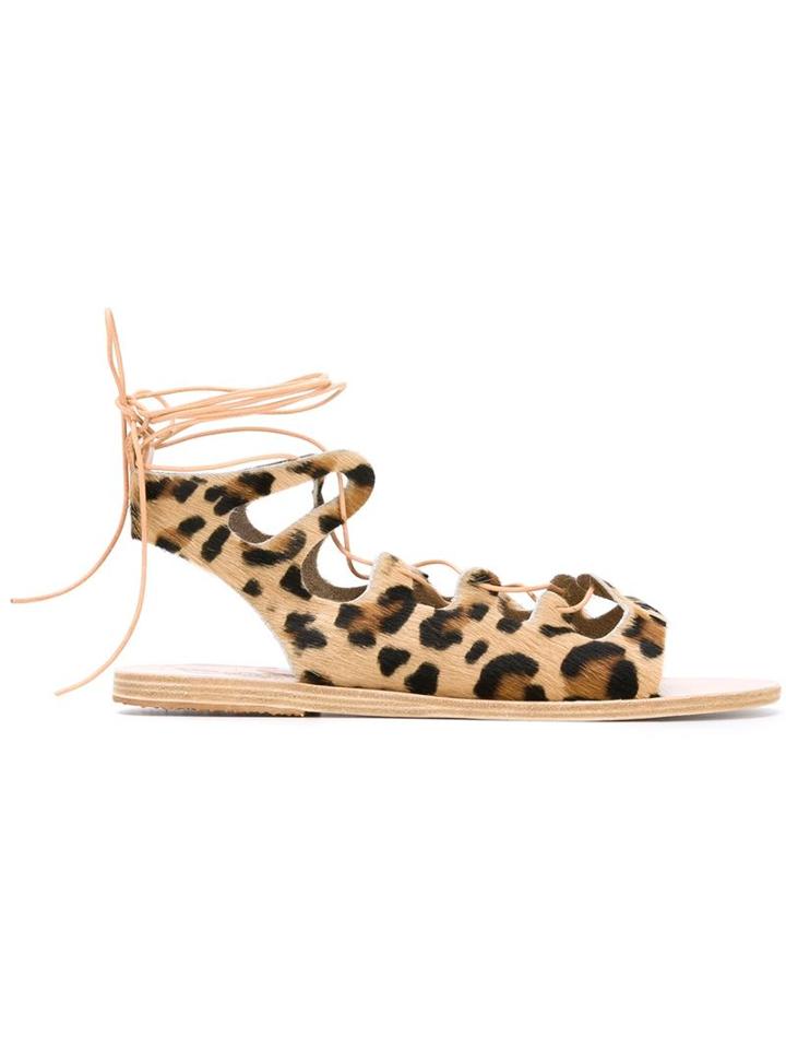 Ancient Greek Sandals Leopard Print Gladiator Flat Sandals