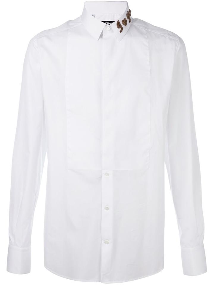Dolce & Gabbana Embroidered Collar Shirt, Men's, Size: 40, White, Cotton/copper/glass/polyester