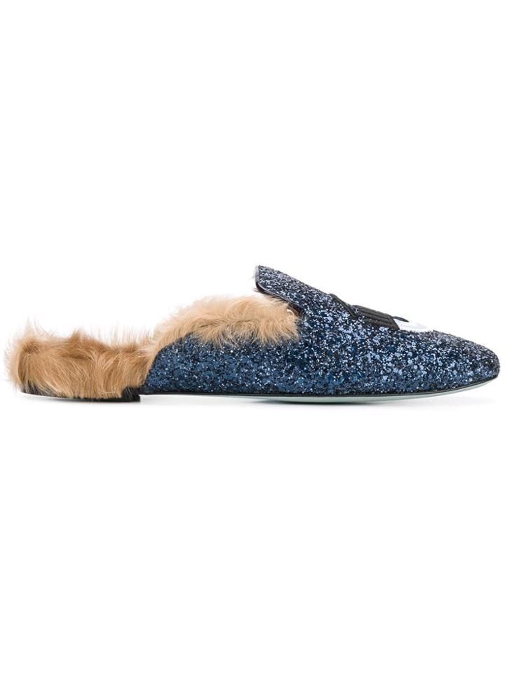 Chiara Ferragni Mule Fur Glitter Quadrato - Blue