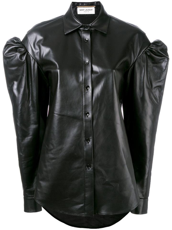 Saint Laurent Drop Puff Sleeve Leather Shirt, Women's, Size: 36, Black, Lamb Skin