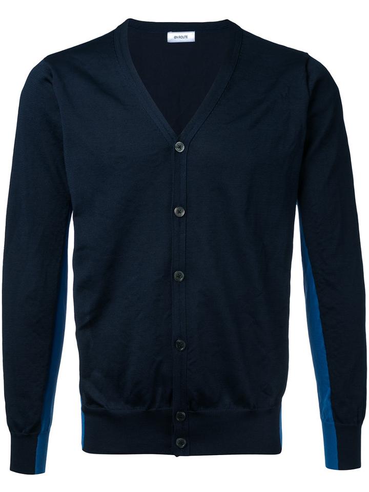 En Route - Side Stripes V-neck Cardigan - Men - Polyester - 1, Blue, Polyester