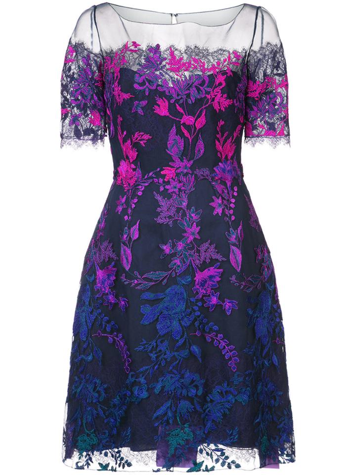 Marchesa Notte Floral Embroidered Mesh Dress - Pink & Purple