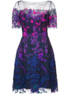 Marchesa Notte Floral Embroidered Mesh Dress - Pink & Purple