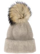 Inverni Neutral Ribbed Cashmere Hat With Fur Pom Pom - Nude & Neutrals