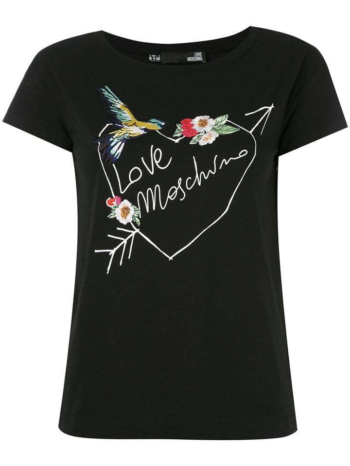 Love Moschino - Embroidered T-shirt - Women - Cotton/spandex/elastane - 44, Black, Cotton/spandex/elastane