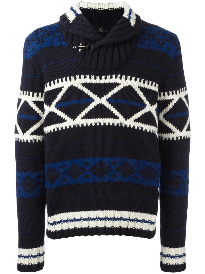 Fay Patterned Jumper, Men's, Size: 48, Blue, Wool