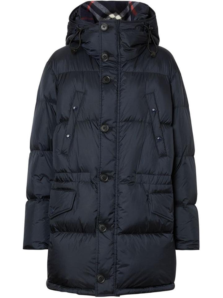 Burberry Logo Detail Hooded Puffer Coat - Blue