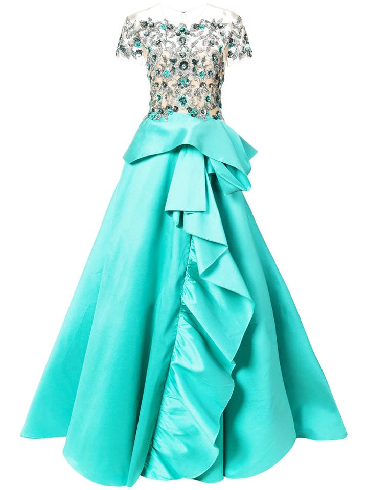 Marchesa Floral Embroidery Flared Gown - Blue