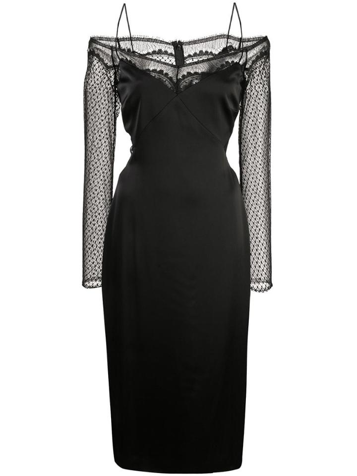 Cushnie Satin Midi Dress With Lace Sleeves - Black