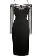 Cushnie Satin Midi Dress With Lace Sleeves - Black