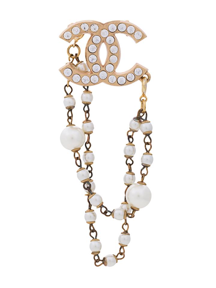 Chanel Vintage Rhinestone Pearl Brooch - White