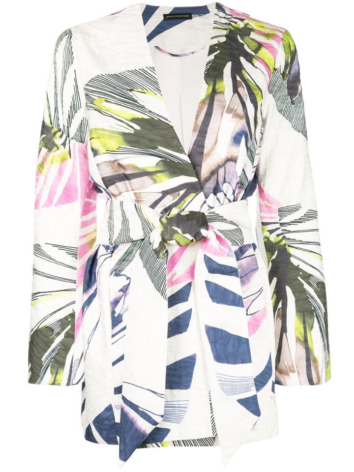 Josie Natori Botanical Palm Jacquard Belted Topperdeep - White