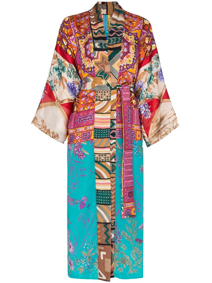 Rianna + Nina Long Multi Floral Tile Print Silk Kimono Robe -