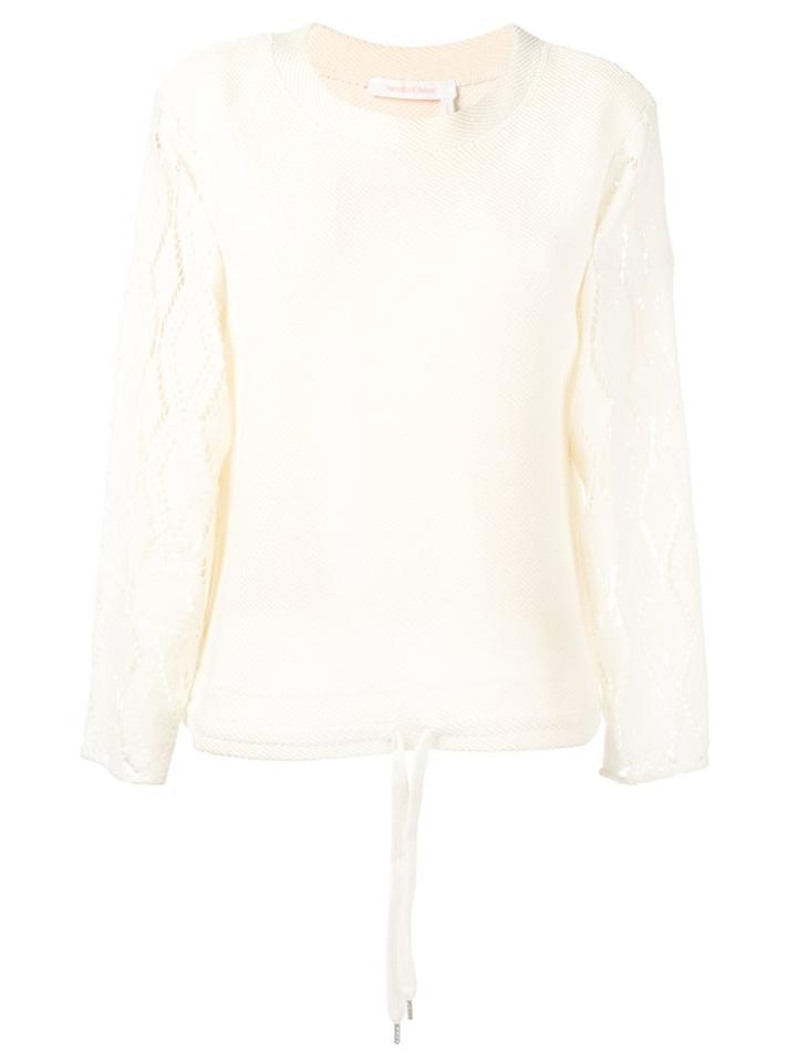 See By Chloé Open Knit Sleeve Sweatshirt, Women's, Size: Medium, Nude/neutrals, Cotton/polyamide