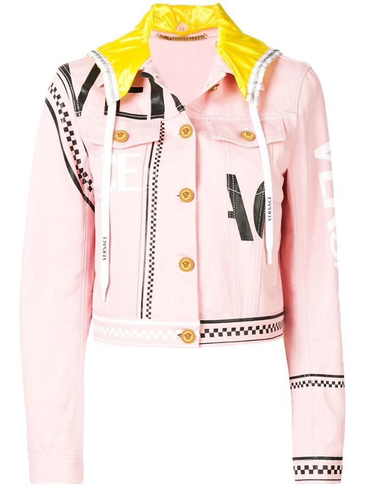 Versace Hooded Graphic Print Denim Jacket - Pink