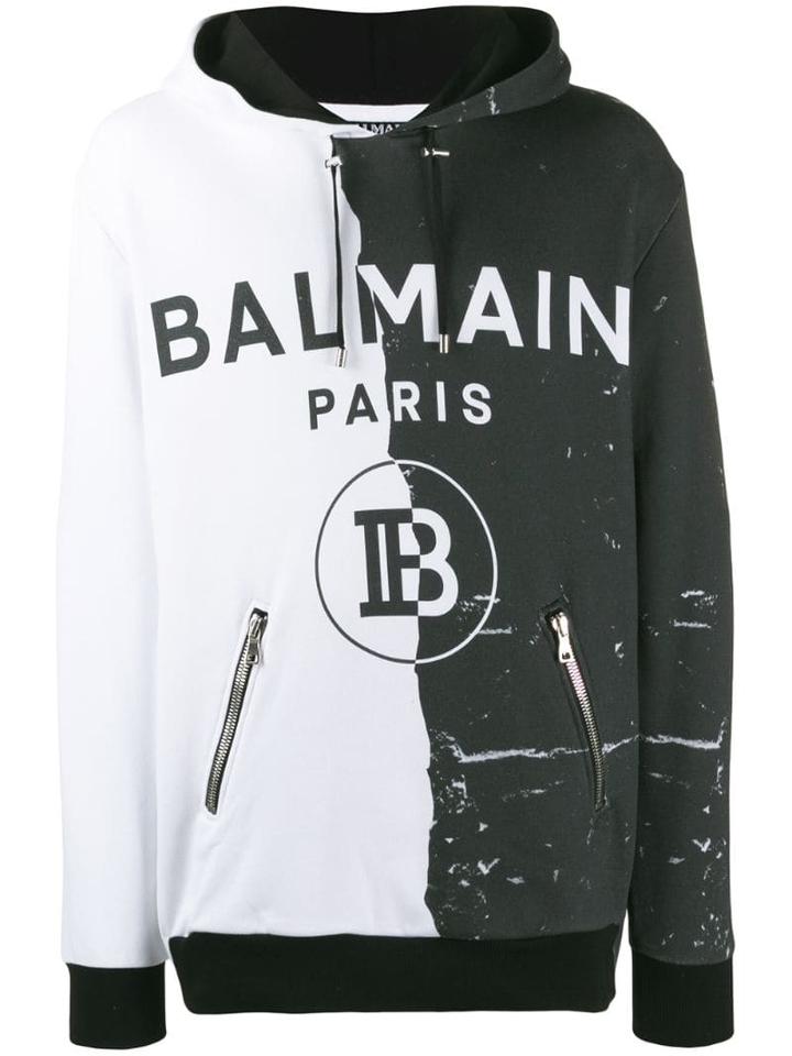 Balmain Panelled Logo Print Hoodie - White