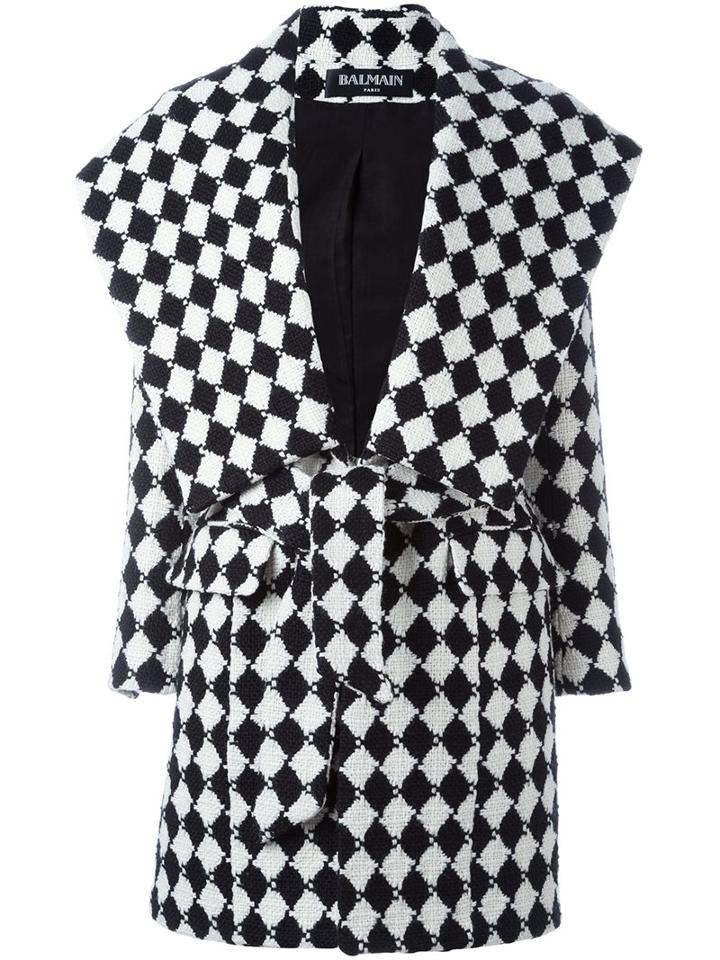 Balmain Checked Belted Coat, Women's, Size: 36, White, Cotton/viscose/wool