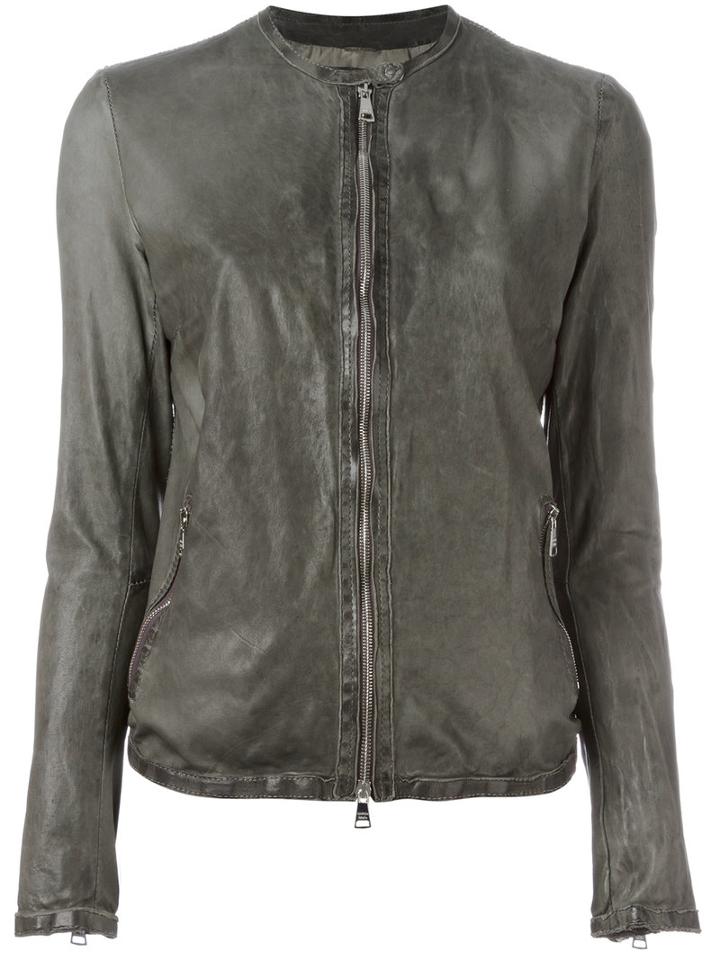 Giorgio Brato Collarless Zip Jacket, Women's, Size: 44, Grey, Cotton/calf Leather/nylon