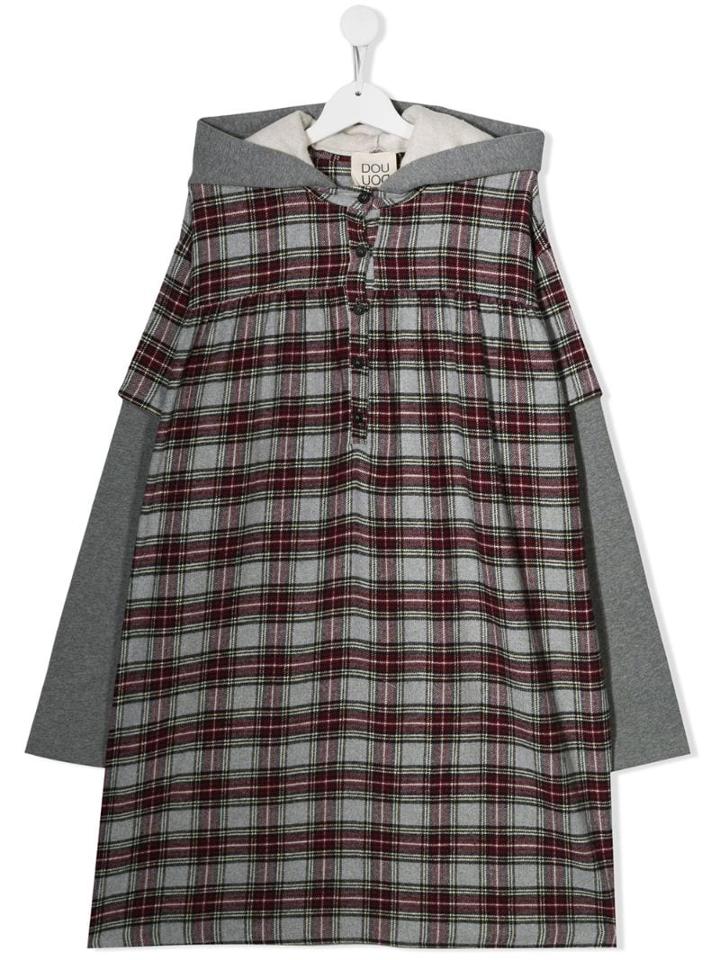 Douuod Kids Teen Plaid Hooded Dress - Grey