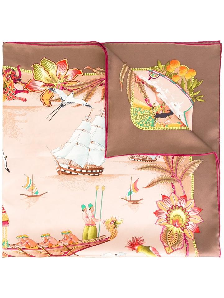 Salvatore Ferragamo Boat Print Foulard, Women's, Brown, Silk